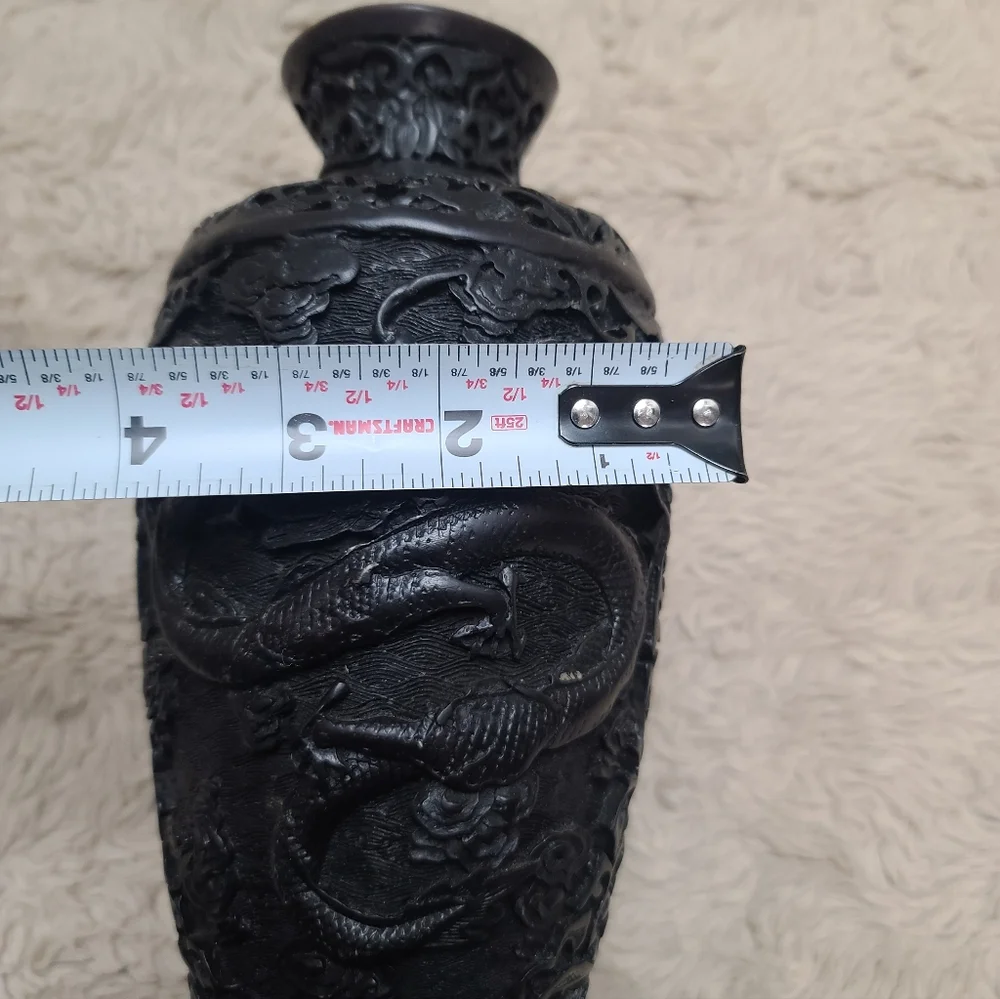 Vintage Chinese Black Embossed Double Dragon Cinnabar Style Decorative Vase - Picture 3 of 9